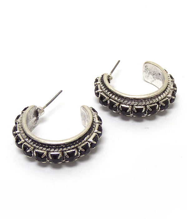 Metal texture with stones hoop earings 