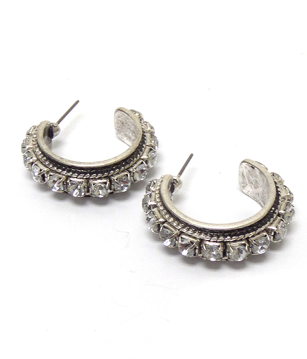 Metal texture with stones hoop earings 