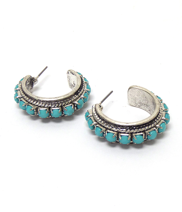 Metal texture with stones hoop earings 