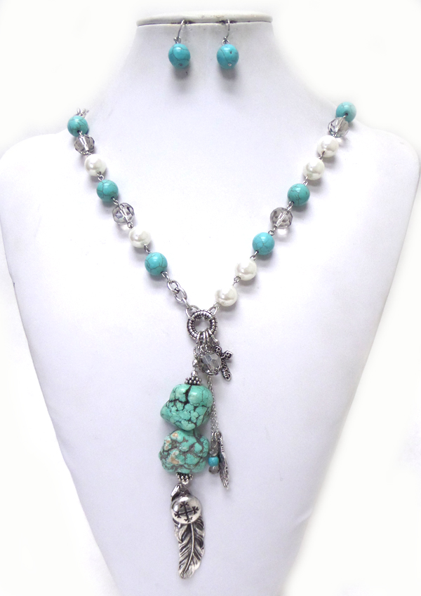 Large beads with stone drop and metal feather neckace set