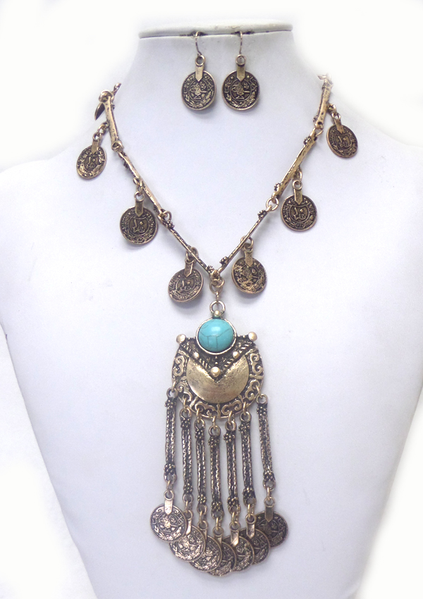 METAL COIN DROP WITH STONE NECKLACE SET