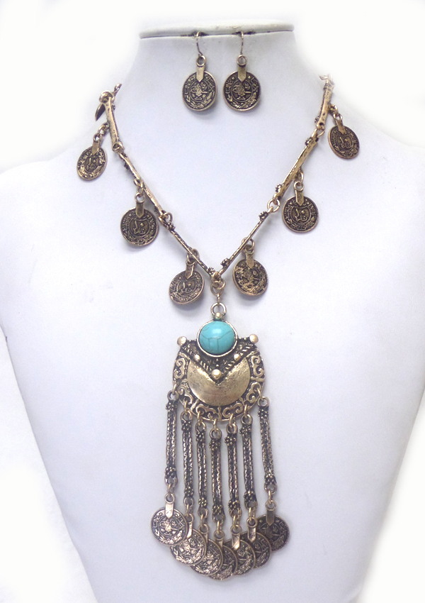 Metal coin drop with stone necklace set