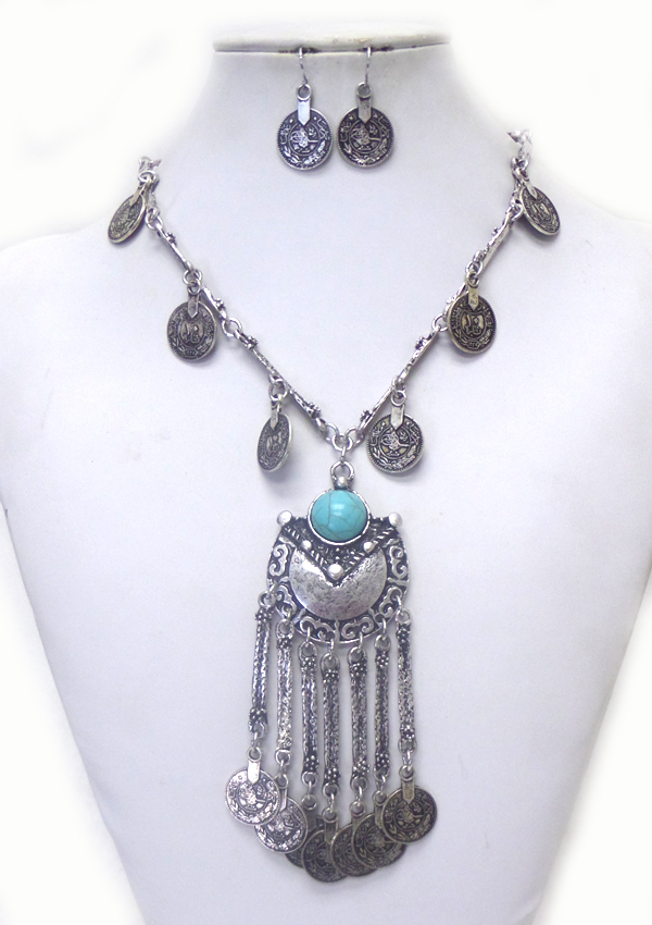 METAL COIN DROP WITH STONE NECKLACE SET