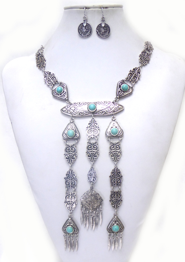 Metal textured turquoise stone drop necklace set