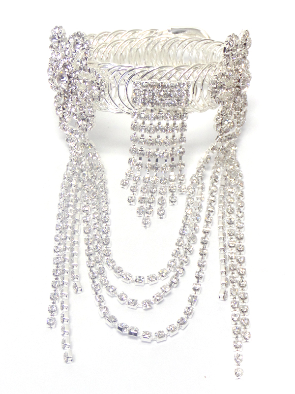 Two flower with rhinestone hanging drop bridal cuff bracelet