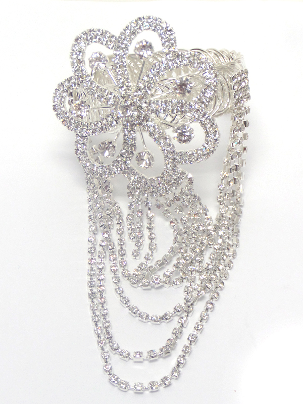 Single large flower rhinestone hanging drop bridal cuff bracelet