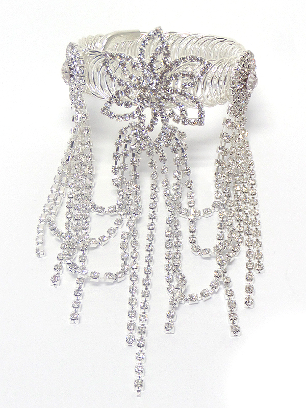 Two flower rhinestone hanging drop bridal cuff bracelet