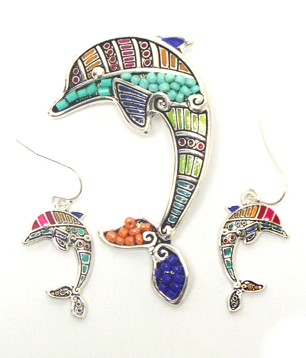 Mosaic dolphin  design pendant set