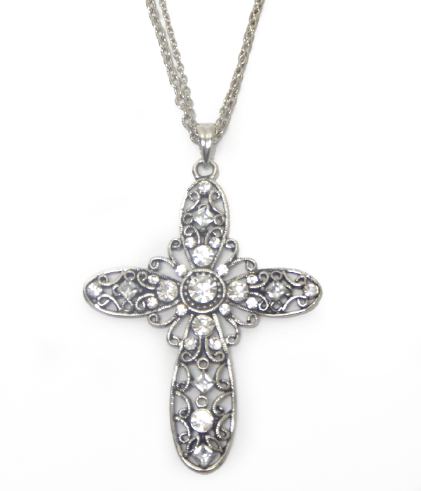 Cross with multi crystals double chain necklace 