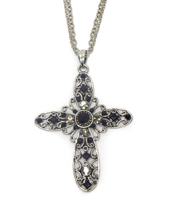Cross with multi crystals double chain necklace