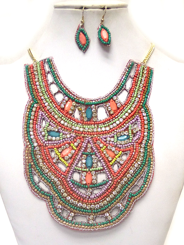 Bib style layers of multi beads and crystals necklace set