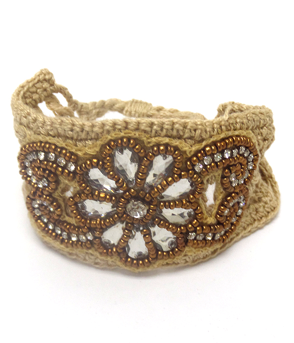 FLOWER LAYER SEEDBEADS PULL AND TIE KNITTED TYPE BRACELET