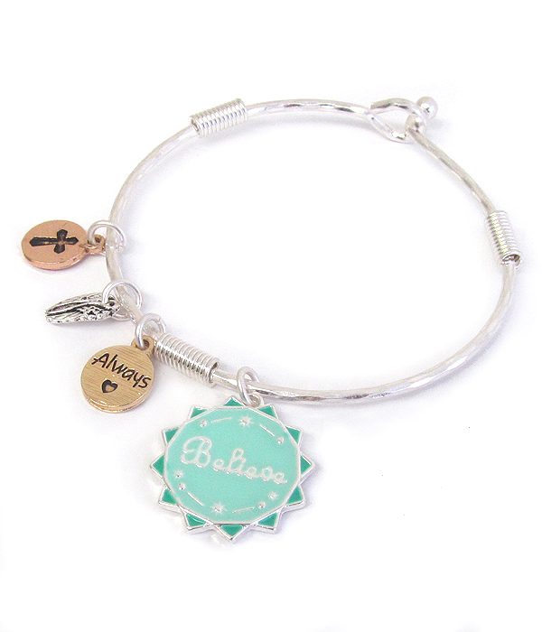 Religious inspiration charm wire bangle bracelet - always believe