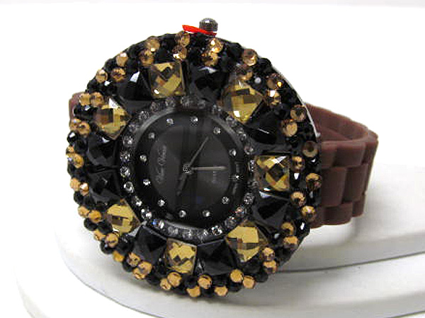 FULL ROUND FLAT FACE MUTLI SIZE CRYSTAL FRAME FASHION RUBBER BAND WATCH