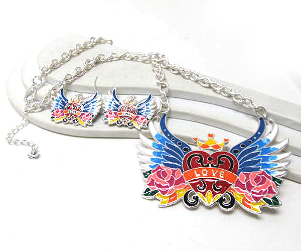 Metal wing heart colorful love art design long chain necklace earring set