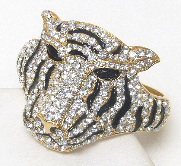 Crystal pave and epoxy deco large tiger head bangle bracelet