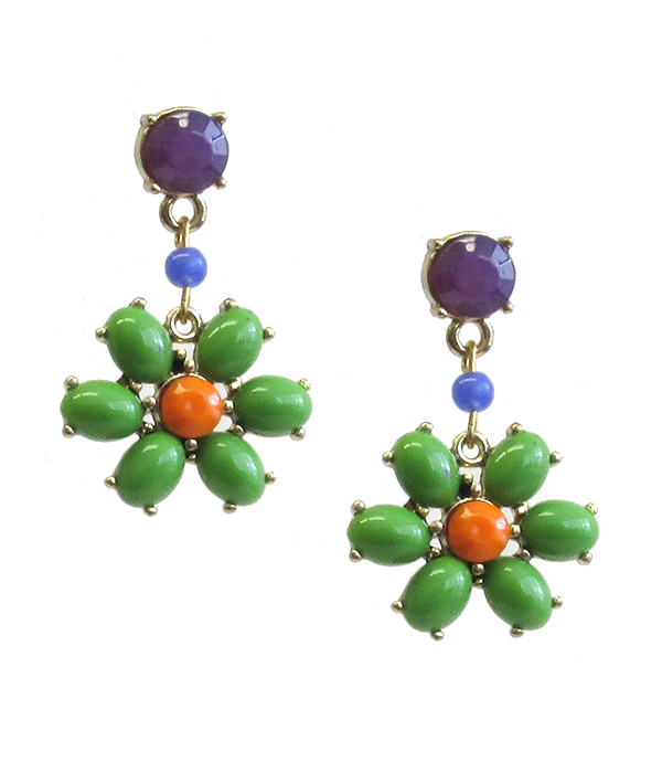 Oval puff stone deco flower drop earring