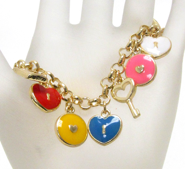 MULTI COLOR EPOXY DECO HEART LOCK AND KEY CHARM BRACELET