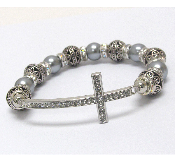 Crystal cross and multi metal filigree ball link stretch bracelet