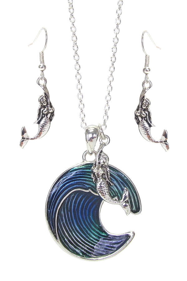 SEALIFE THEME PENDANT NECKLACE SET - MERMAID AND WAVE