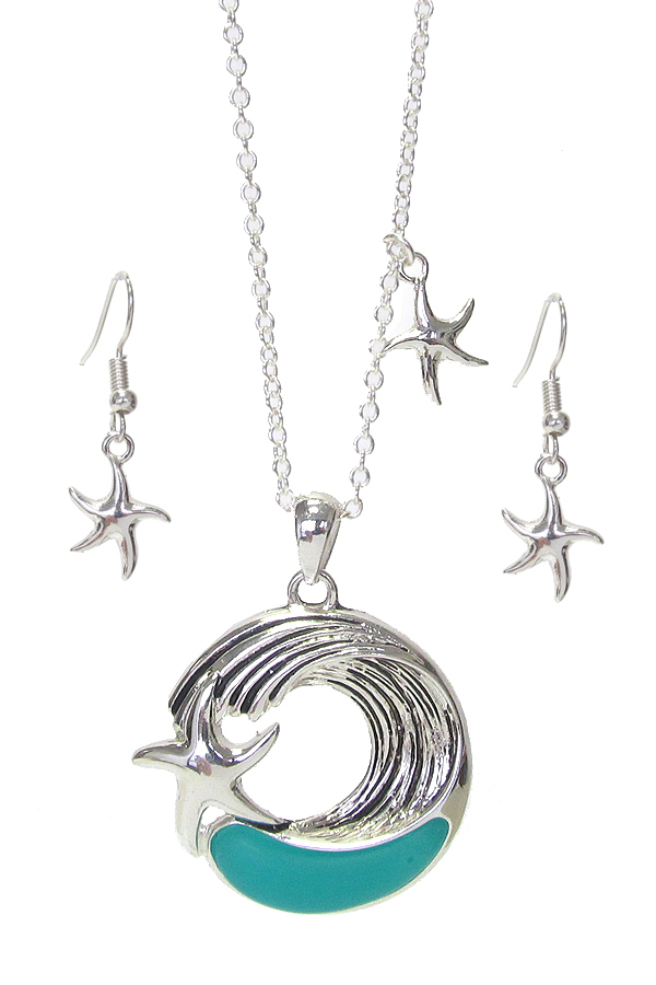 SEA GLASS  SEALIFE THEME PENDANT NECKLACE SET - STARFISH AND WAVE