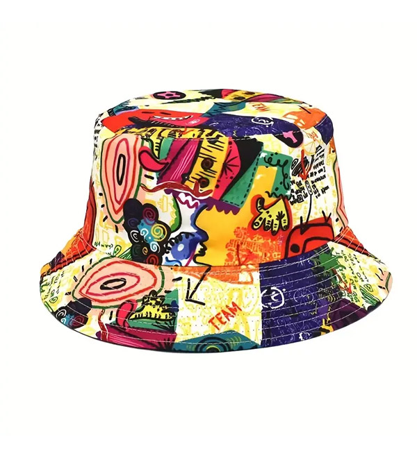 Colorful graffiti-style bucket hat with vibrant abstract patterns and designs