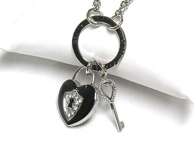 Tutti frutti crystal and metal epoxy key and lock dangle necklace