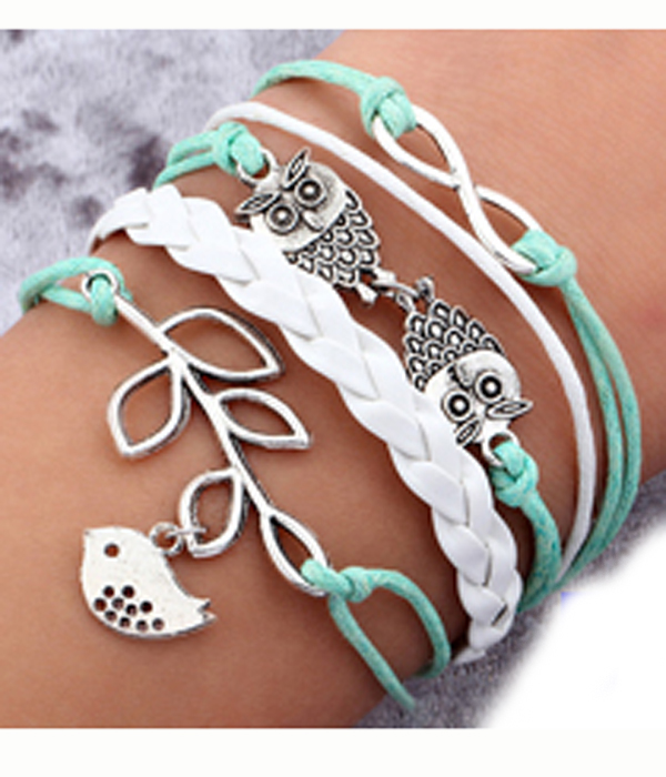 Multi row leather wrap bracelet - owl bird