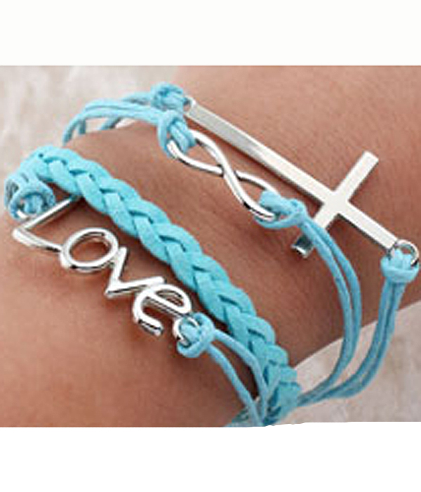 Multi row leather wrap bracelet - cross love