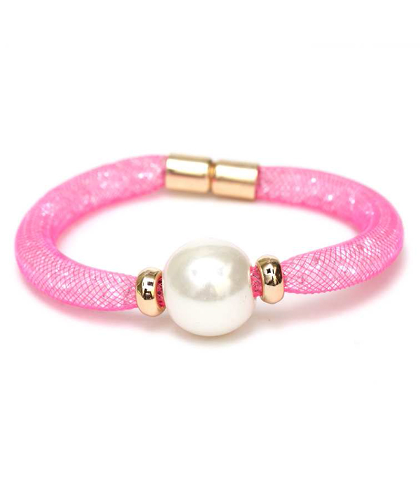 Pearl accent fish net tube band and stone bracelet
