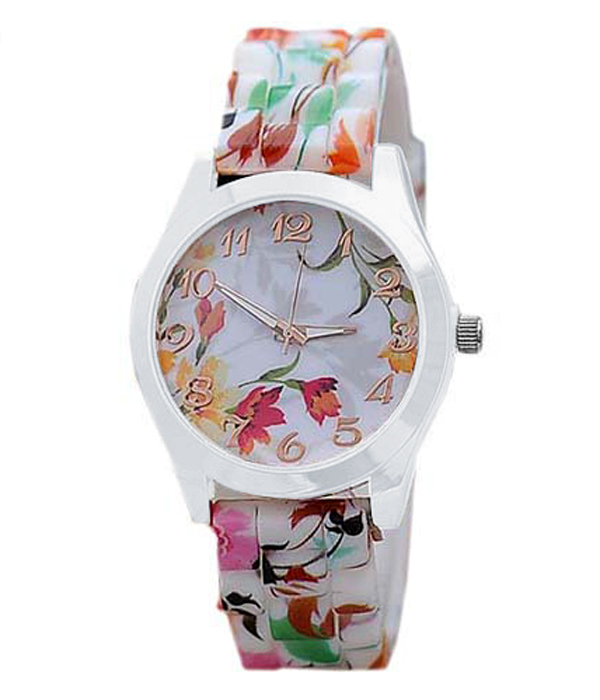 Flower print silicone band watch