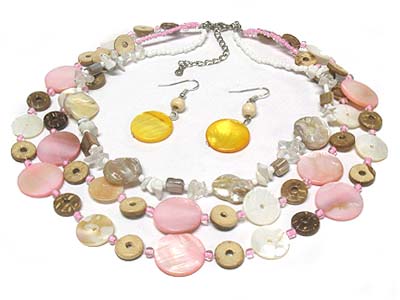 Multi shell and wood disk triple strands seed bead necklace and earring set
