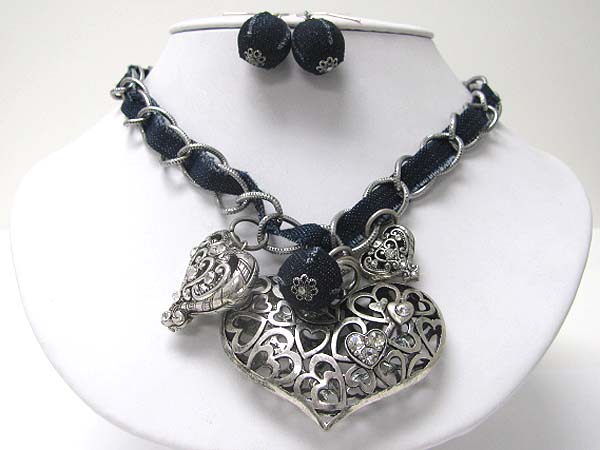 Crystal stud metal filigree puffy hearts and chiffon necklace earring set