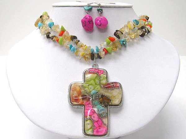 Multi strand mixed natural chip stone large cross pendant necklace set