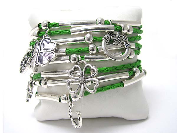 Clover charm multi row braided cord bracelet