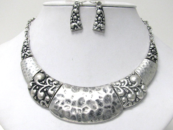 Architectural hammered and textured metal crecent link half chocker necklace earring set