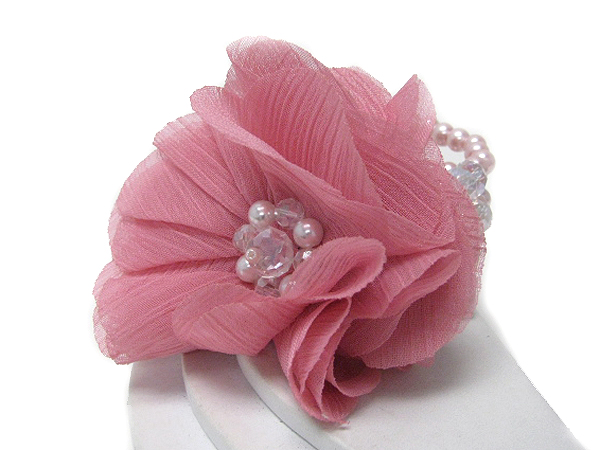 Large fabric flower and pearl stretch bracelet