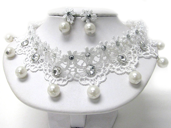 Crystal deco and pearl drop fabric evening necklace earring set