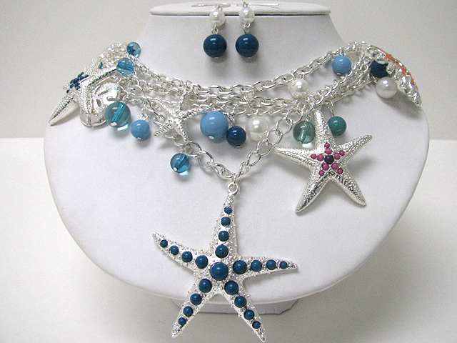 Sea life theme charm dangle multi chain statement necklace earring set