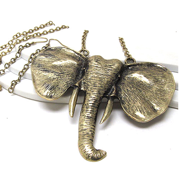 Metal hammered textered fashion elephant drop long chain necklace earring set