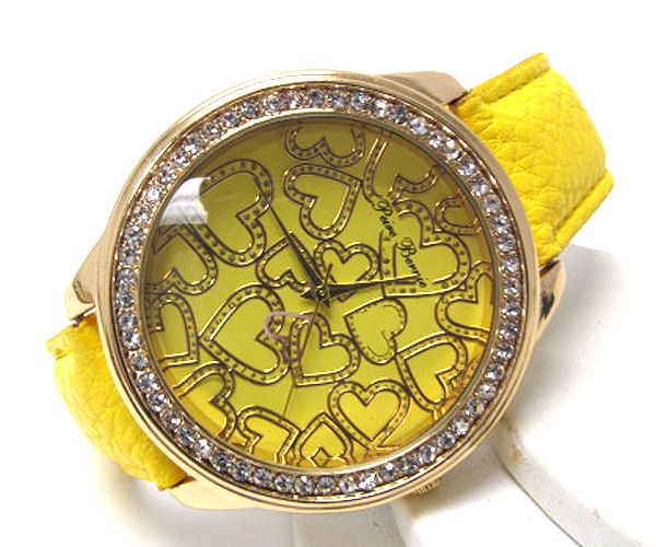 CRYSTAL FRAME AND GOLDEN HEARTS FASHION LEATHER BAND WATCH