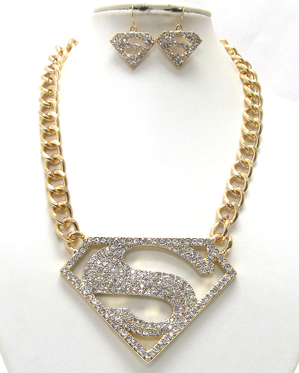 Crystal paved superman symbol pendant and thick chain necklace earring set