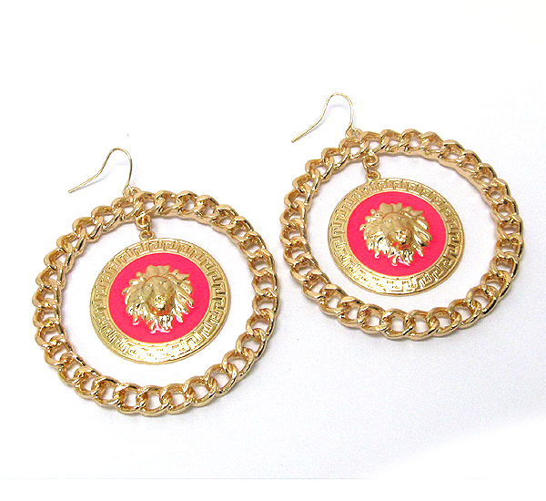 Lion head and epoxy deco disk and chain hoop earring - hoops