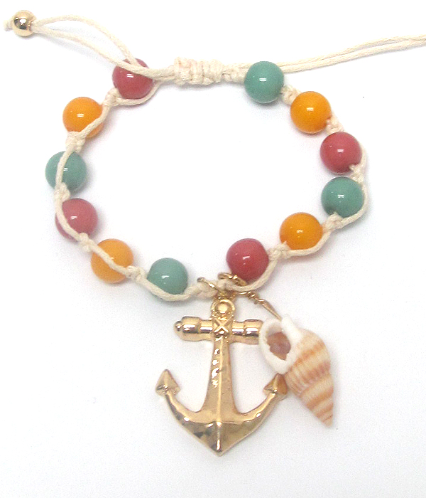 Ball bead and anchor charm pull tie bracelet