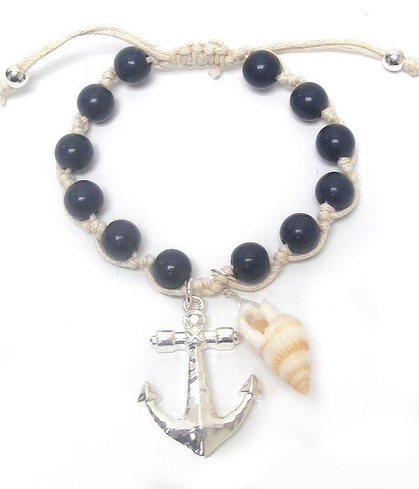 Ball bead and anchor charm pull tie bracelet