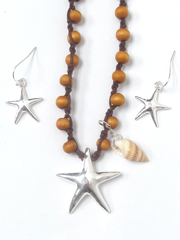 Wood beads knot starfish pendant necklace set