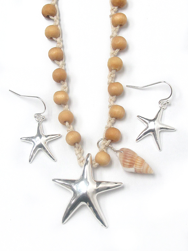 Wood beads knot starfish pendant necklace set