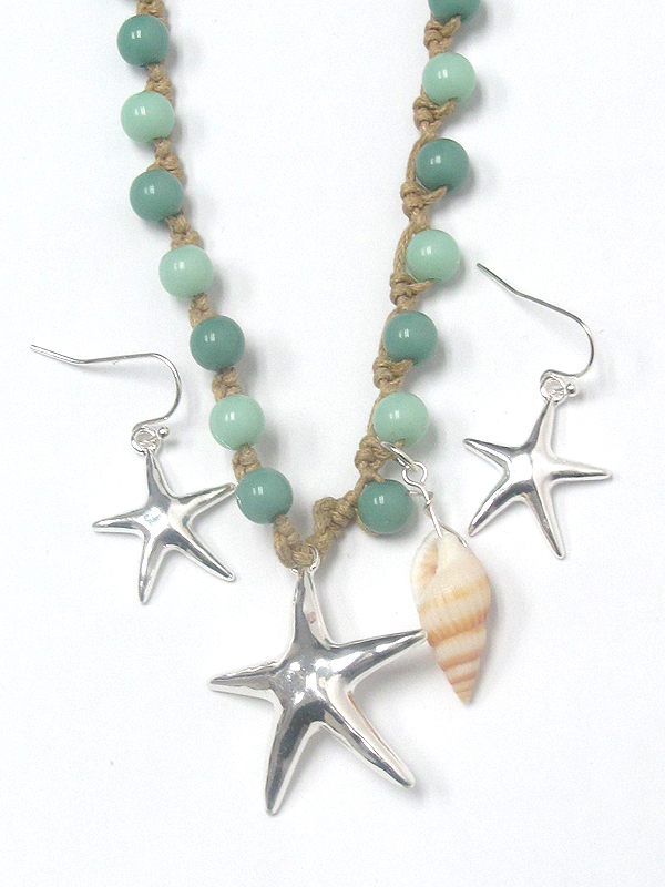 Wood beads knot starfish pendant necklace set