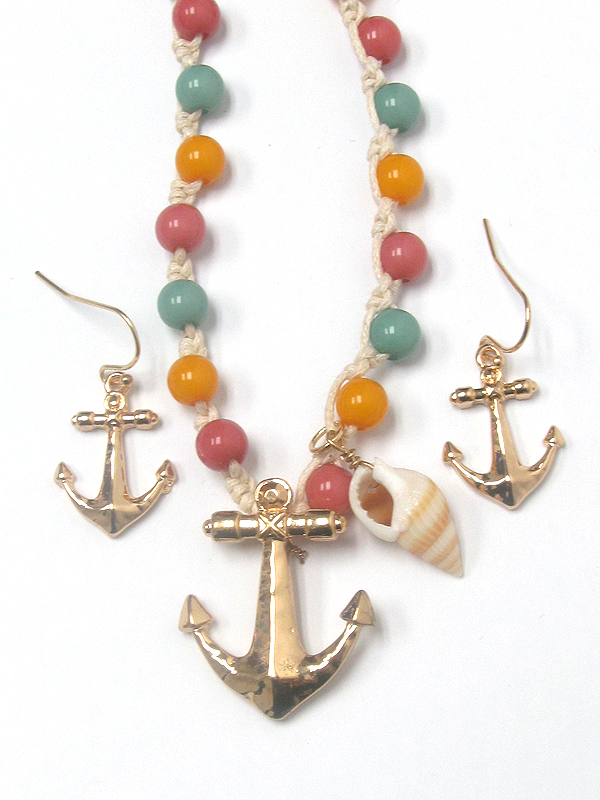 Wood beads knot anchor pendant necklace set