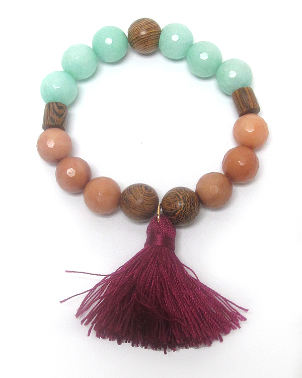 MULTI STONE AND WOODEN BALL TASSEL STRETCH BRACELET 